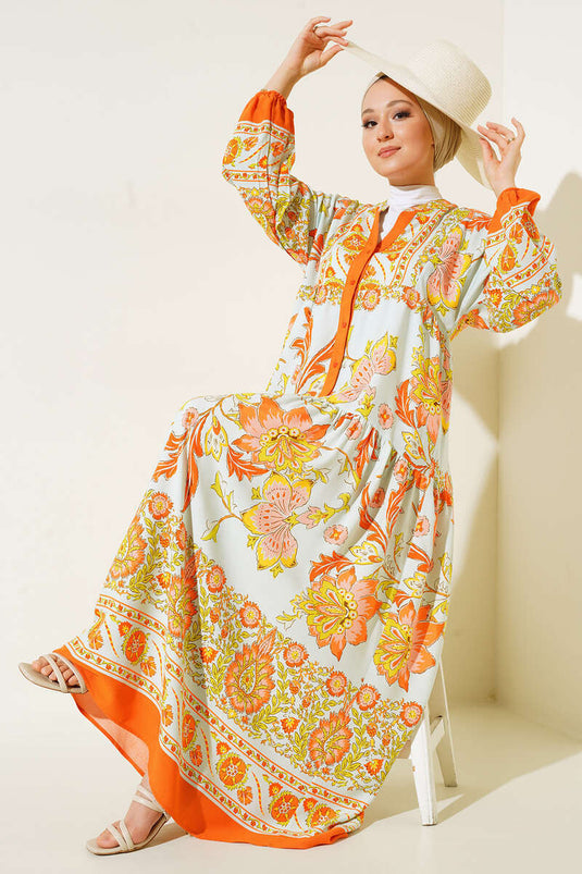 Yarı Patlı Desenli Elbise Oranj