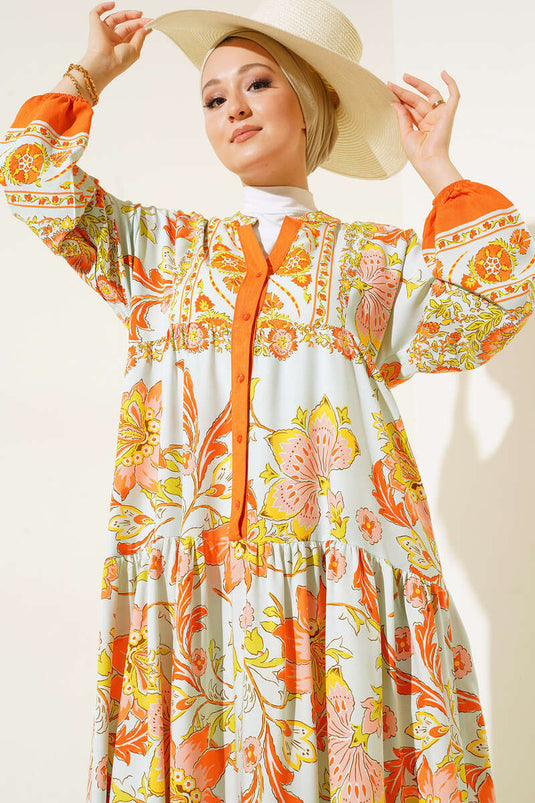 Yarı Patlı Desenli Elbise Oranj