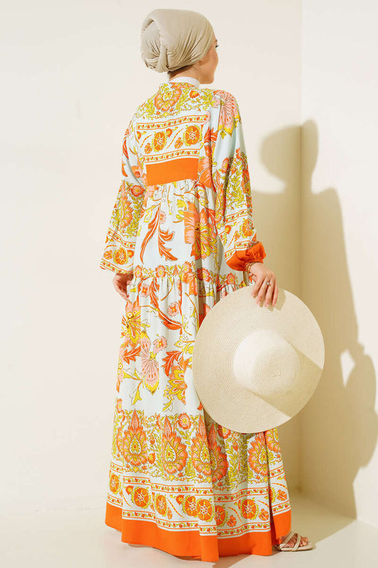 Robe Semi-Plissée à Motifs Orange