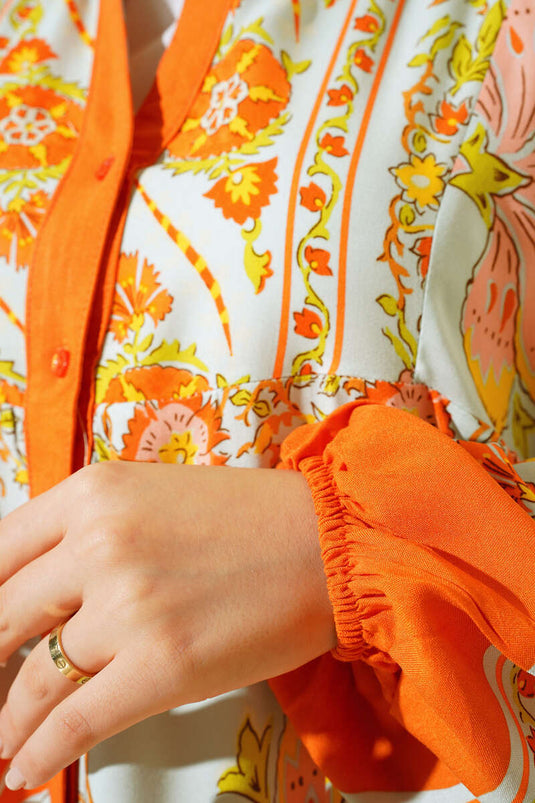 Robe Semi-Plissée à Motifs Orange