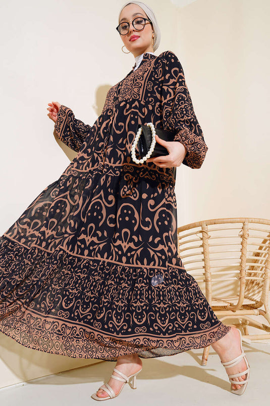 Robe en mousseline semi-boutonnée, couleur latte noir