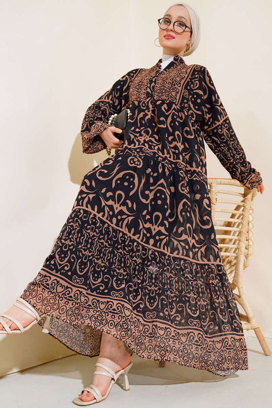 Halb geknöpftes Chiffonkleid Schwarz Latte