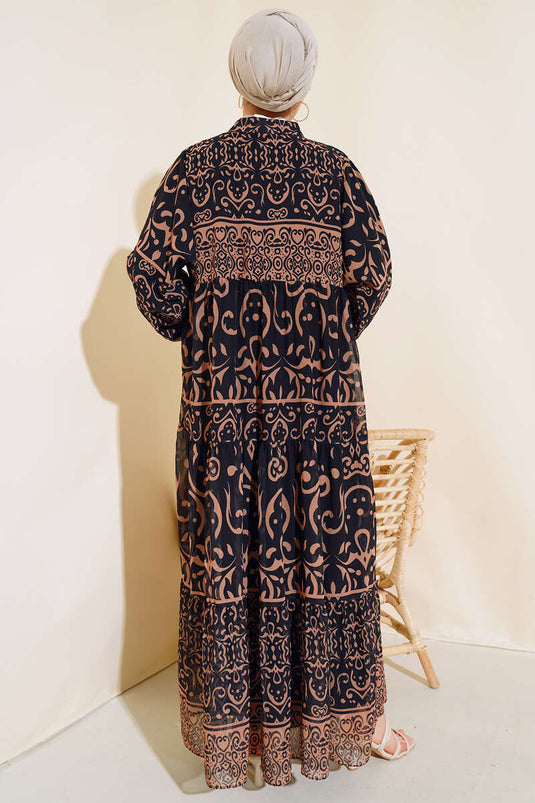 Halb geknöpftes Chiffonkleid Schwarz Latte