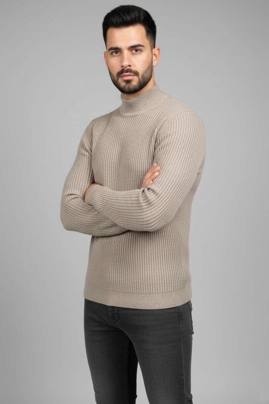 Herren-Strickpullover mit halbem Rollkragen, Beige