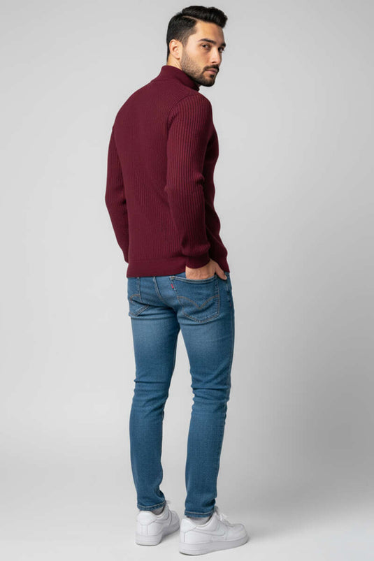 كنزة رجالية محبوكة بنصف ياقة عالية، لون عنابي