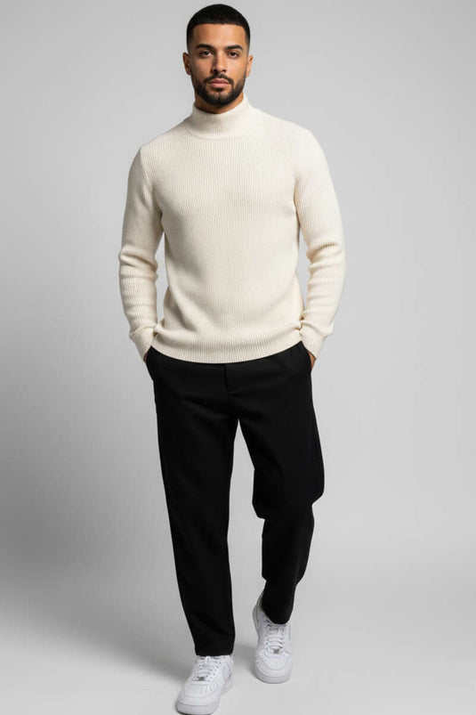 كنزة صوفية نصف بياقة عالية للرجال، لون حجري