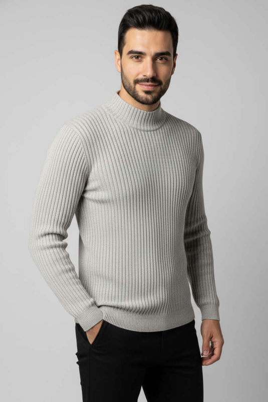 كنزة صوفية رجالية بنصف ياقة عالية، رمادية اللون