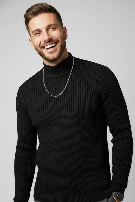 كنزة صوفية رجالية بنصف ياقة عالية، سوداء