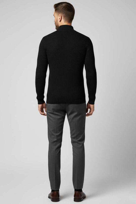 كنزة صوفية رجالية بنصف ياقة عالية، سوداء