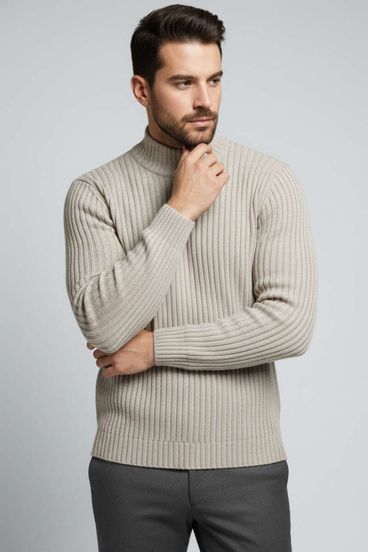 Men's Semi-Turtleneck Knit Sweater in Stone