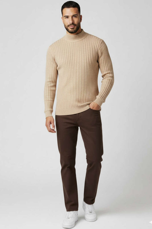 Men's Ribbed Half Turtleneck Sweater in Beige