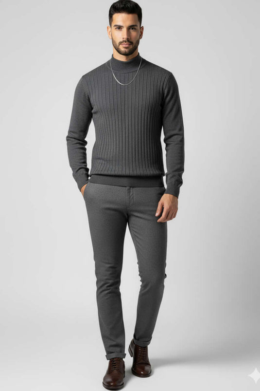 Men's Semi-Turtleneck Ribbed Knit Sweater, Dark Gray