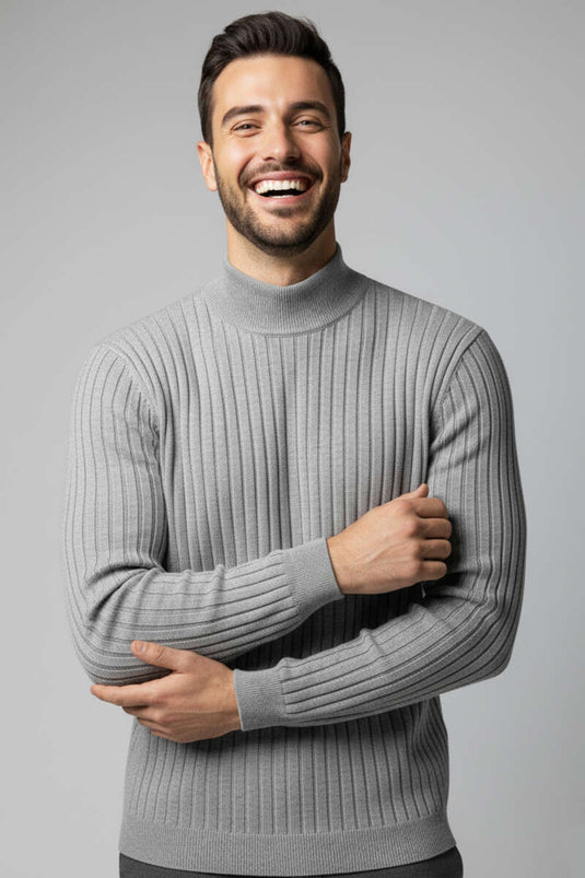 Pull à col roulé côtelé pour homme, gris