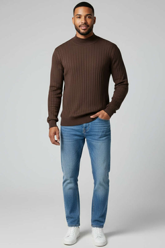 Men's Ribbed Half Turtleneck Sweater, Coffee