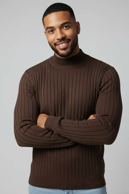 Pull à col roulé côtelé pour homme, couleur café