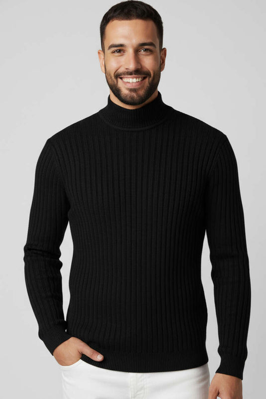 Pull en maille côtelée à col montant pour homme, noir
