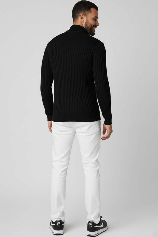 Men's Semi-Turtleneck Ribbed Knit Sweater, Black