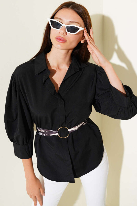 Chemise noire à manches demi-ballon