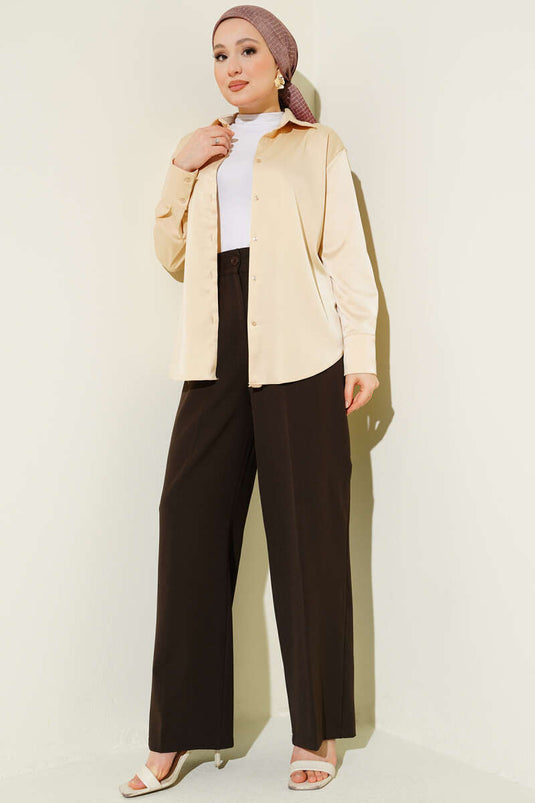 Basic Half Elastic Waist Pants Bitter Coffee