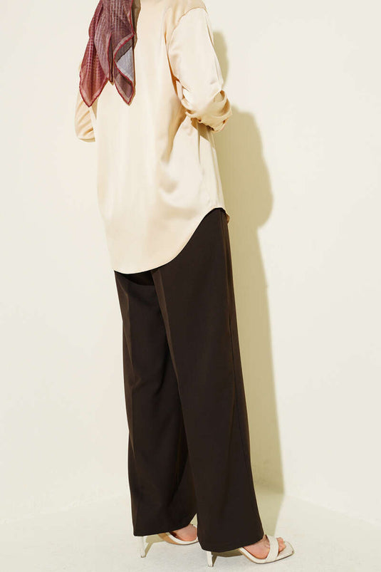 Basic Half Elastic Waist Pants Bitter Coffee