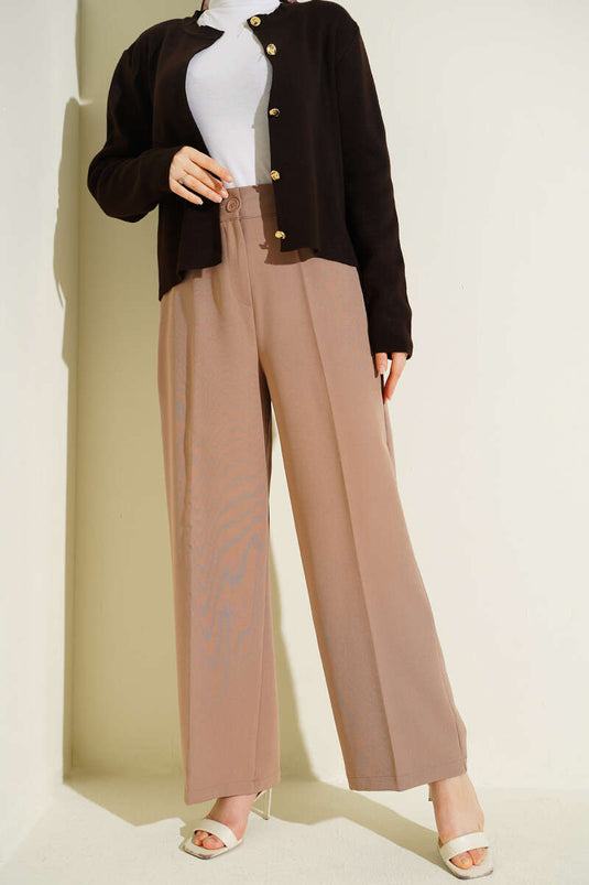 Basic Half Elastic Waist Pants Latte