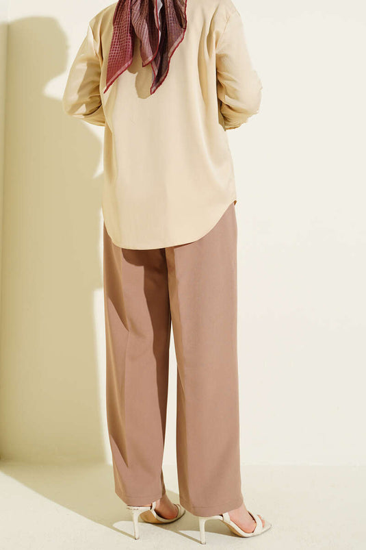 Basic Half Elastic Waist Pants Latte