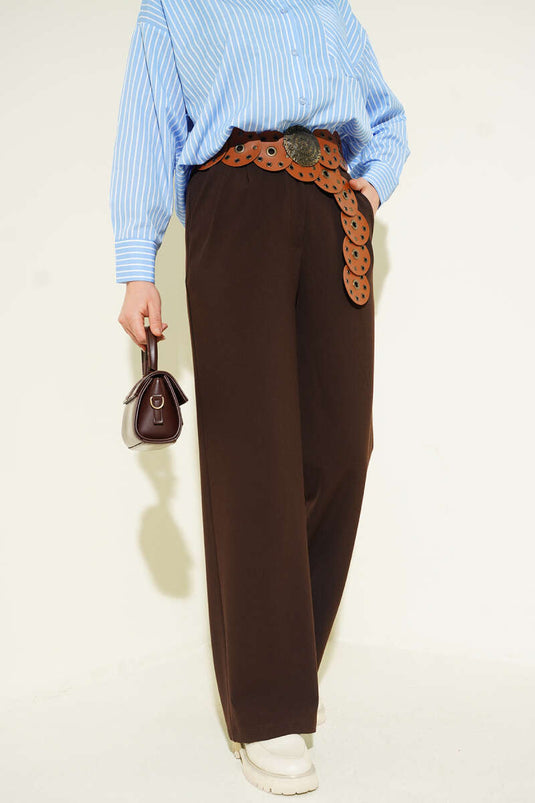 Pantalon Palazzo à taille mi-haute élastiquée Marron