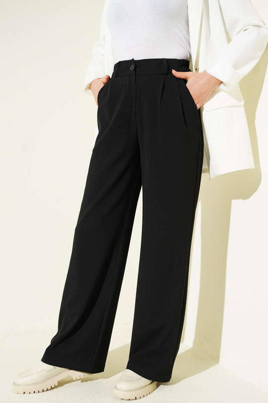 Pantalon Palazzo à taille mi-haute élastiquée Noir
