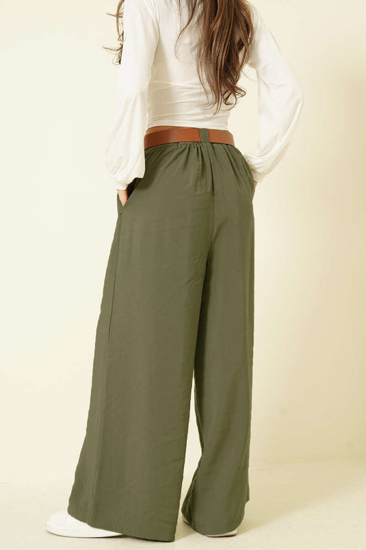 Loose Tencel Pants with Half Elastic Waist Khaki
