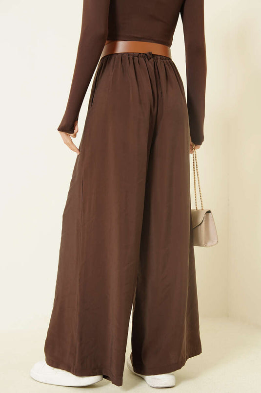 Loose Tencel Pants with Half Elastic Waist Brown