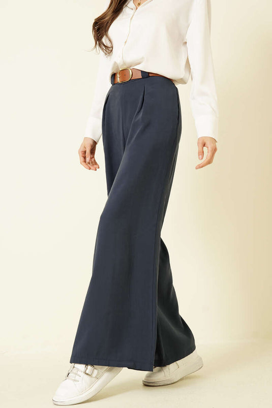 Loose Tencel Pants with Half Elastic Waist, Navy Blue