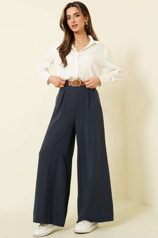 Loose Tencel Pants with Half Elastic Waist, Navy Blue