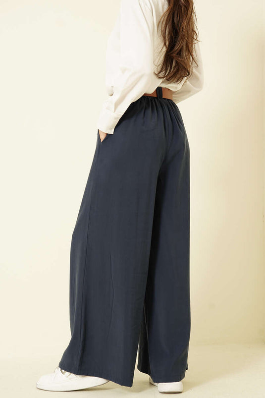 Loose Tencel Pants with Half Elastic Waist, Navy Blue