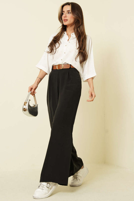 Loose Tencel Pants with Half Elastic Waist Black