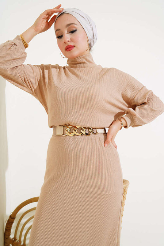 Half Turtleneck Corduroy Skirt Suit Beige