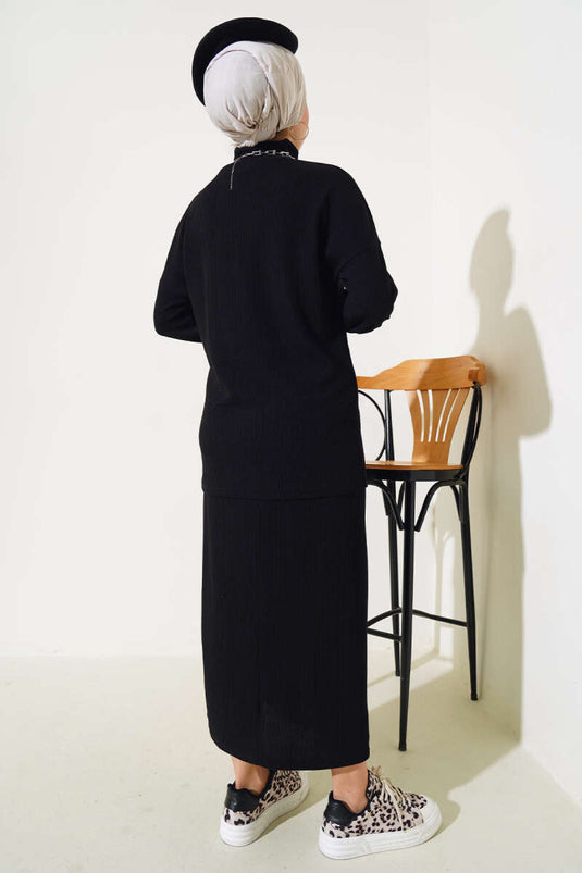 Half Turtleneck Corduroy Skirt Suit Black