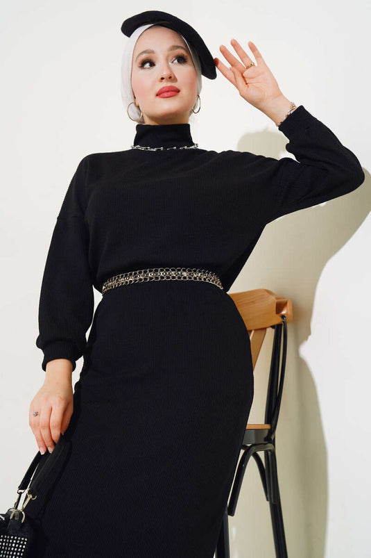 Half Turtleneck Corduroy Skirt Suit Black