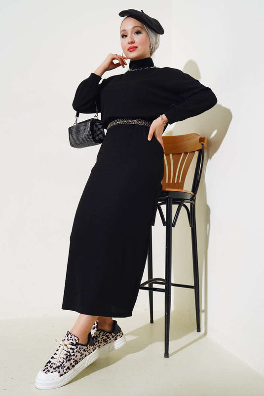 Half Turtleneck Corduroy Skirt Suit Black
