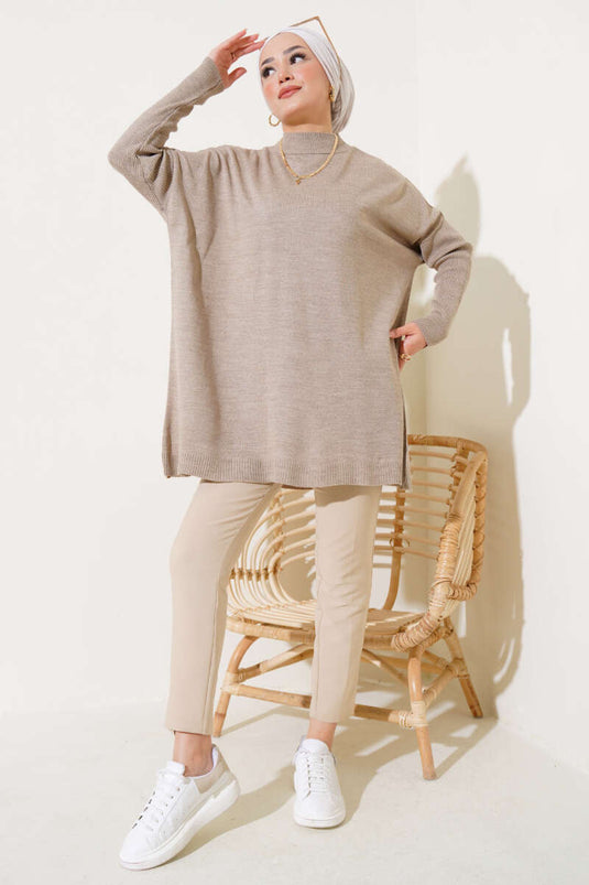 Yarım Boğazlı Kolu Fitilli Triko Tunik Vizon