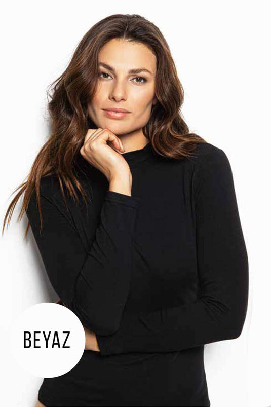 بدلة جسم بيضاء بأكمام طويلة ورقبة مدورة نصفية