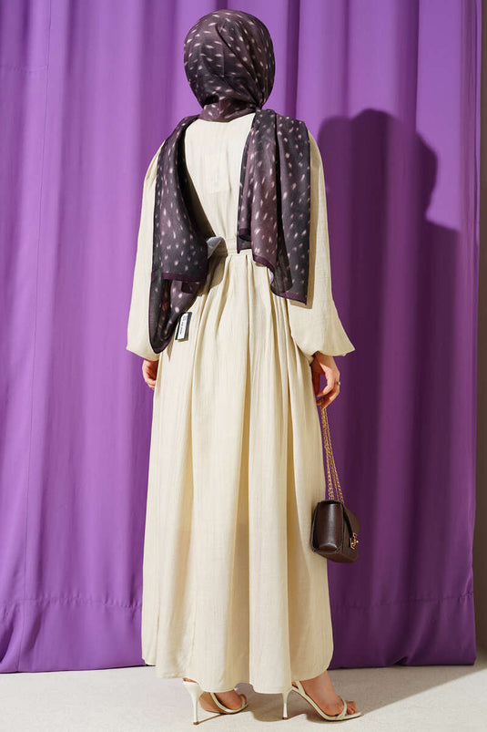 Half-Brit Buttoned Balloon Sleeve Dress Beige