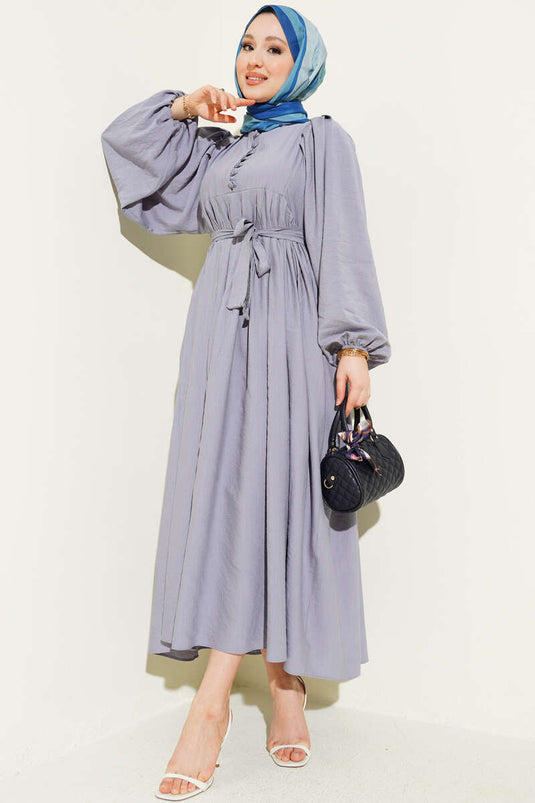 Halb Britische Knopfleiste Ballonärmel Kleid Grau