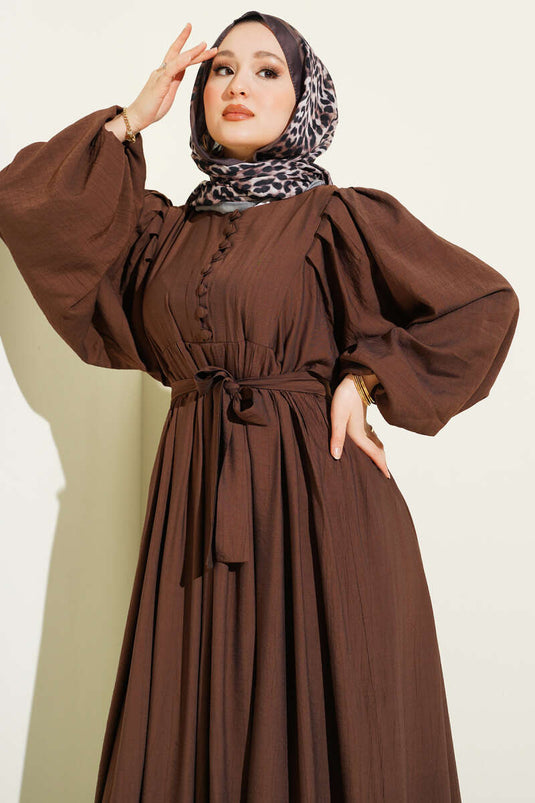 Half-Brit Buttoned Balloon Sleeve Dress Brown