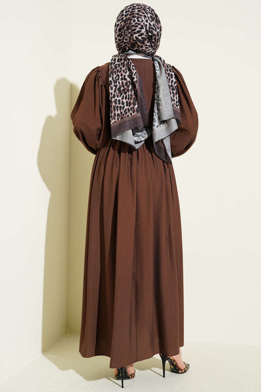 Half-Brit Buttoned Balloon Sleeve Dress Brown