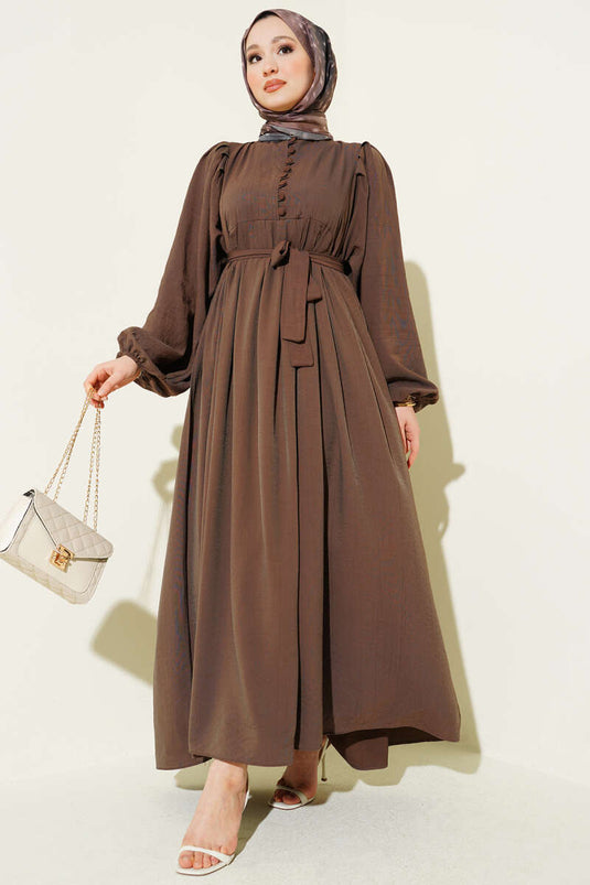 Half-Brit Buttoned Balloon Sleeve Dress Chestnut