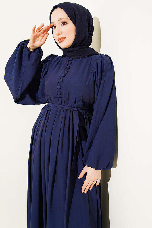 Robe à manches ballon avec boutons demi-Brit bleu marine