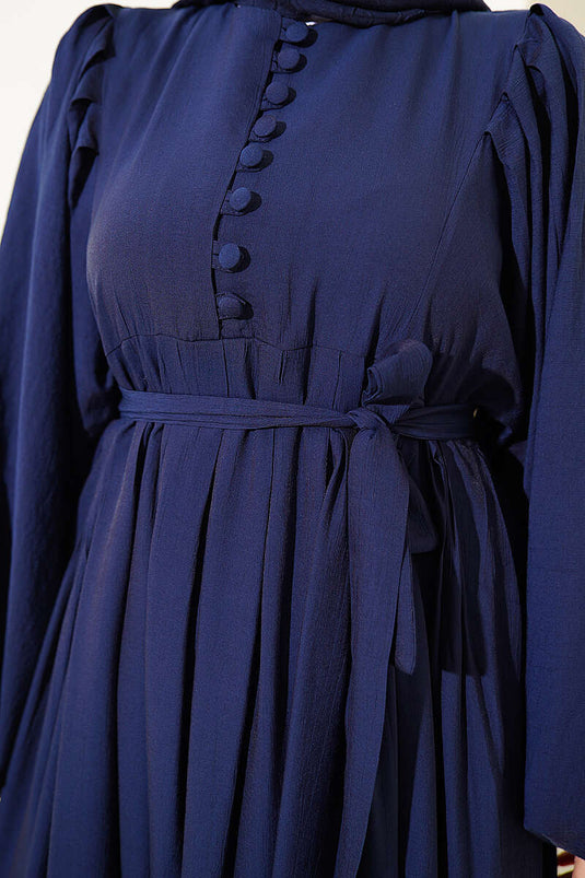 Robe à manches ballon avec boutons demi-Brit bleu marine
