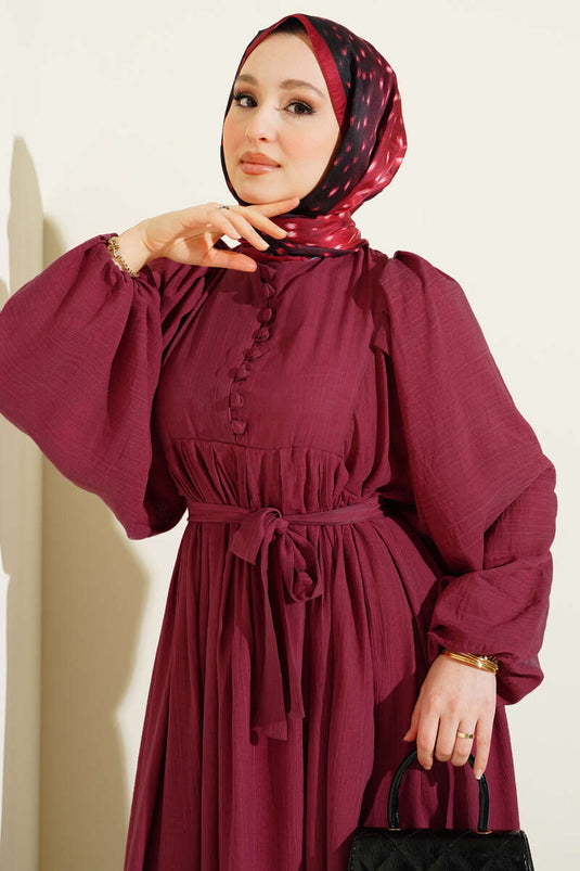 Half-Brit Buttoned Balloon Sleeve Dress Magenta