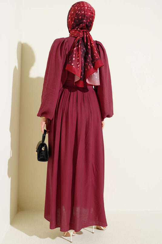 Half-Brit Buttoned Balloon Sleeve Dress Magenta