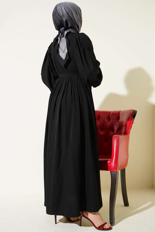 Half-Brit Buttoned Balloon Sleeve Dress Black